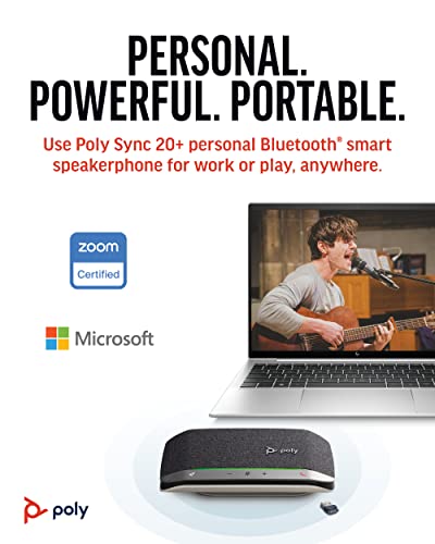 Poly Sync 20+ Personal Portable Bluetooth Smart Speakerphone (Plantronics) - USB-A UC Bluetooth Adapter - Connect Wirelessly to PC/Mac/Cell Phone - Works w/Teams, Zoom, & More - Amazon Exclusive