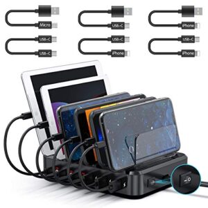 pd usb-c charging station, cosoos 81w 6-port usb charging station for multiple devices with 3 pd 20w usb-c charger & 6 mixed short cables, fast multi usb charger station