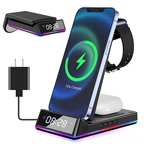 DLveer Wireless Charger - 3 in 1 Wireless Charging Station with Alarm/Clock/Night Light,Charger Stand for iWatch,Airpods Pro,iPhone 14/13/12/11 Pro/X/Xs Max/8 Plus/Samsung Phone(with 18W Adapter)