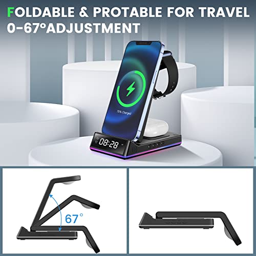 DLveer Wireless Charger - 3 in 1 Wireless Charging Station with Alarm/Clock/Night Light,Charger Stand for iWatch,Airpods Pro,iPhone 14/13/12/11 Pro/X/Xs Max/8 Plus/Samsung Phone(with 18W Adapter)