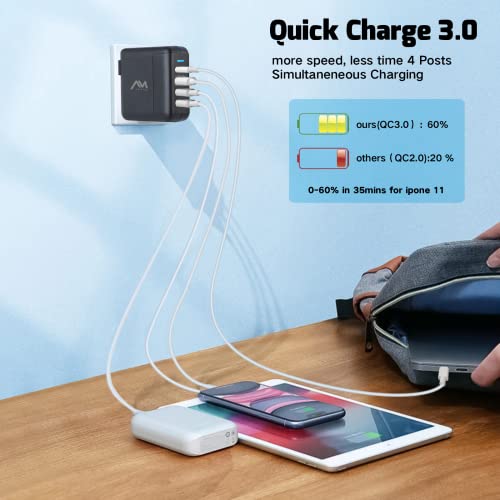 USB Wall Charger 40W, Amlink 4-Port USB C Charger, QC 3.0 Fast Charger Block, Multiport USB Charger Foldable Power Adapter for iPhone 14/14 Pro/14 Pro Max/13/12/11, XS/XR/X, iPad, Galaxy, Note, Pixel