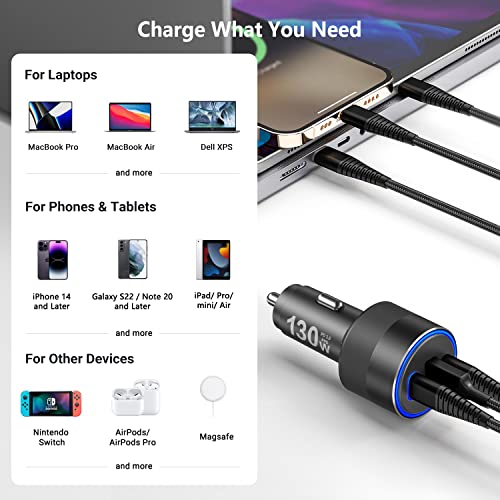 130W USB C Car Charger, PD 100W PPS 45W QC 30W Type C Super Fast Charging LED Cigarette Lighter USB-C Car Adapter for iPhone 13 12 Pro Samsung S22 S21 Ultra Note 20 iPad MacBook Pro Air Laptop