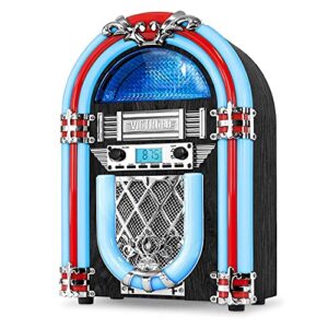 victrola nostalgic wood countertop jukebox with built-in bluetooth speaker, 50’s retro vibe, 5 bright color-changing led tubes, fm radio, wireless music streaming, am/fm radio, aux input