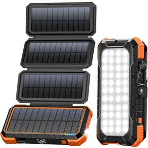 blavor solar charger power bank, pd 18w qc3.0 fast charging 20000mah solar powered powerbank with 4 foldable panels, type c input/output, camping light sos flashlight, compass carabiner(orange)