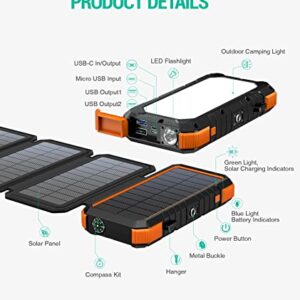 BLAVOR Solar Charger Power Bank, PD 18W QC3.0 Fast Charging 20000mAh Solar Powered Powerbank with 4 Foldable Panels, Type C Input/Output, Camping Light SOS Flashlight, Compass Carabiner(Orange)