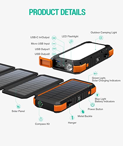 BLAVOR Solar Charger Power Bank, PD 18W QC3.0 Fast Charging 20000mAh Solar Powered Powerbank with 4 Foldable Panels, Type C Input/Output, Camping Light SOS Flashlight, Compass Carabiner(Orange)