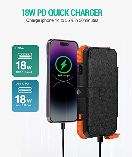 BLAVOR Solar Charger Power Bank, PD 18W QC3.0 Fast Charging 20000mAh Solar Powered Powerbank with 4 Foldable Panels, Type C Input/Output, Camping Light SOS Flashlight, Compass Carabiner(Orange)