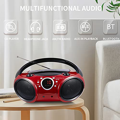 SINGING WOOD 030B Portable CD Player Boombox with Bluetooth for Home AM FM Stereo Radio, Aux Line in, Headphone Jack, Supported AC or Battery Powered (Firemist Red)