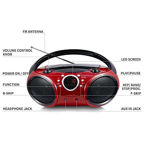 SINGING WOOD 030B Portable CD Player Boombox with Bluetooth for Home AM FM Stereo Radio, Aux Line in, Headphone Jack, Supported AC or Battery Powered (Firemist Red)