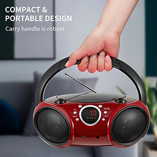 SINGING WOOD 030B Portable CD Player Boombox with Bluetooth for Home AM FM Stereo Radio, Aux Line in, Headphone Jack, Supported AC or Battery Powered (Firemist Red)