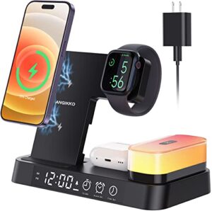5 in 1 foldable wireless charger charging station alarm clock & night light with watch charger cable & adapter for iwacth airpods iphone 14/13/12/11/pro etc