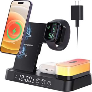 5 in 1 Foldable Wireless Charger Charging Station Alarm Clock & Night Light with Watch Charger Cable & Adapter for iWacth AirPods iPhone 14/13/12/11/Pro etc