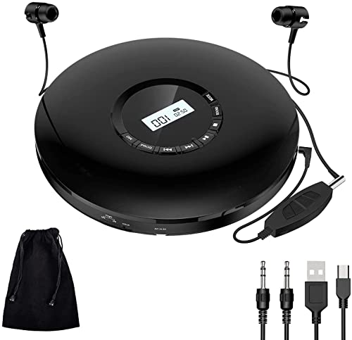 CD Player Portable Gueray Rechargeable Portable CD Player Car 1400mAh CD Walkman Anti-Skip Shockproof Personal CD Player with Headphones Jack USB AUX CD Music Disc with LCD Display (Black)