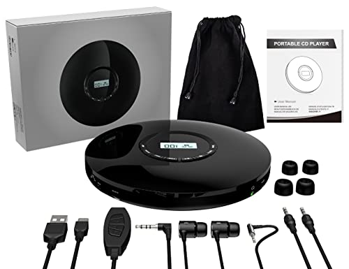 CD Player Portable Gueray Rechargeable Portable CD Player Car 1400mAh CD Walkman Anti-Skip Shockproof Personal CD Player with Headphones Jack USB AUX CD Music Disc with LCD Display (Black)