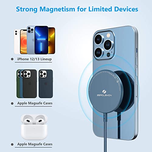 ZEROLEMON Magnetic Wireless Charger [10ft], Compatible with Mag-Safe Charger, Fast Wireless Charging Pad for iPhone 14/14 Plus/14 Pro Max, iPhone 13/12 Mini/ 12 Pro Max/AirPods - Rugged Blue