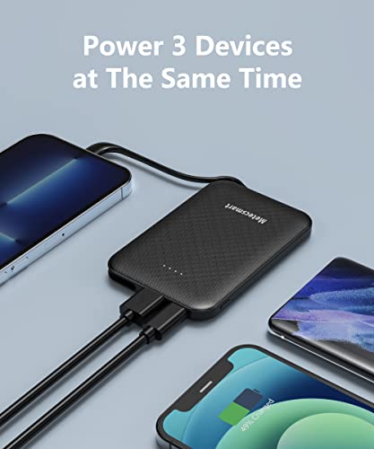 Metecsmart 4500mAh Small Portable Phone Charger, Mini Power Bank Fast Charging, Three Output Type C Input External Battery Pack, Built in a Cable Compatible with iPhone and iPad