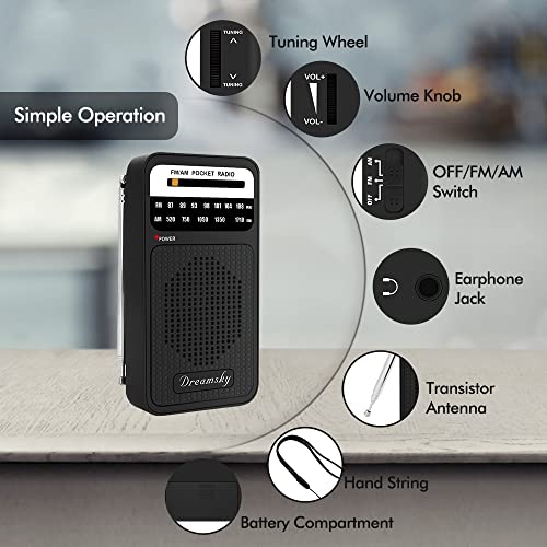 DreamSky Pocket Radios, Battery Operated AM FM Radio with Loud Speaker, Great Reception, Earphone Jack, Ideal Gifts for Elderly, Portable Transistor Radio for Walking, Camping