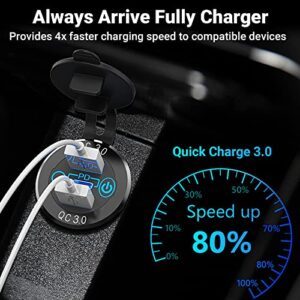 56W USB C Car Charger Socket, Ouffun Aluminum Metal 12V/24V Multiple USB Outlet PD 20W USB-C and Dual QC3.0 Ports with Power Switch Car USB Port 12V Socket for Car RV Boat Marine Truck Golf Motorcycle