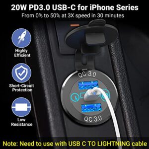 56W USB C Car Charger Socket, Ouffun Aluminum Metal 12V/24V Multiple USB Outlet PD 20W USB-C and Dual QC3.0 Ports with Power Switch Car USB Port 12V Socket for Car RV Boat Marine Truck Golf Motorcycle