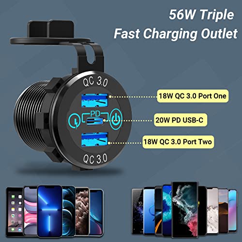 56W USB C Car Charger Socket, Ouffun Aluminum Metal 12V/24V Multiple USB Outlet PD 20W USB-C and Dual QC3.0 Ports with Power Switch Car USB Port 12V Socket for Car RV Boat Marine Truck Golf Motorcycle