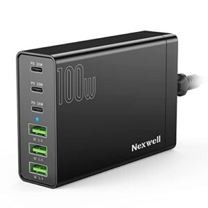 usb c charger, nexwell 100w gan 6-port desktop usb charging station with 3 usb-c ports +3 usb-a ports, portable pd fast charger for iphone 14 13 12 pro max, ipad, samsung galaxy, 5ft extension cord