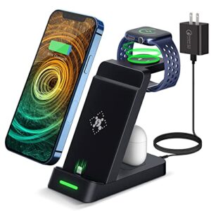 charging station for multiple devices apple, 3 in 1 fast charging station dock stand with adapter for iphone14 pro max/13/12/11/x/8/7 & airpods, wireless charger for apple watch ultra/8/7/6/se/5/4/3/2