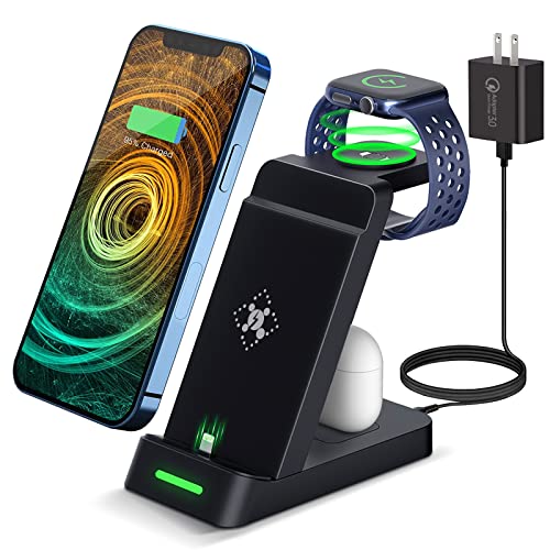 Charging Station for Multiple Devices Apple, 3 in 1 Fast Charging Station Dock Stand with Adapter for iPhone14 Pro Max/13/12/11/X/8/7 & Airpods, Wireless Charger for Apple Watch Ultra/8/7/6/SE/5/4/3/2