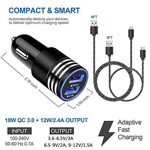 Type C Charger Fast Charger for Samsung Galaxy S23 S22 S21 S20 A53 A13 A12 A32 A52 A51,LG Stylo 6 5,Moto G Pure/G Power/G Stylus/G Play,Quick Charge 3.0 Car Charger Wall Adapter +3FT 6FT USB C Cable