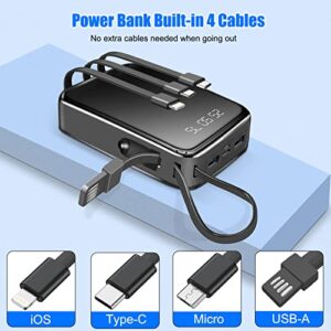 Portable Charger Power Bank 20000mAh - Portable Phone Charger with 4 Built-in Cables & Lanyard 2in1, LED Display External Battery Pack with 5 Outputs & 3 Inputs, Compatible with iPhone, Samsung etc.