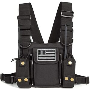 radio shoulder holster chest harness holder vest rig for two way radio chest front pack pouch walkie talkie case with front pouches for kenwood arcshell retevis baofeng uv-5r f8hp uv-82 888s (black)