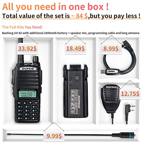 BaoFeng UV-82 High Power BaoFeng Radio Ham Radio Handheld Walkie Talkies with Earpiece, Extra 2800mAh Battery Hand Speaker Mic Long Antenna and Programming Cable Full Kits(1 Pack-Black)