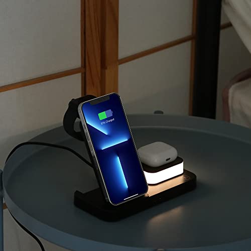 FASLY Wireless Charger for iPhone 14/13/Pro/Mini/Max/12/11/XS/XR/X/8 /Samsung, 3 in 1 Charging Station Dock Stand with Night Light for Apple iwatch 8/Ultra/7/SE/6/5/4/3/2, AirPods 3/2/Pro (Black)