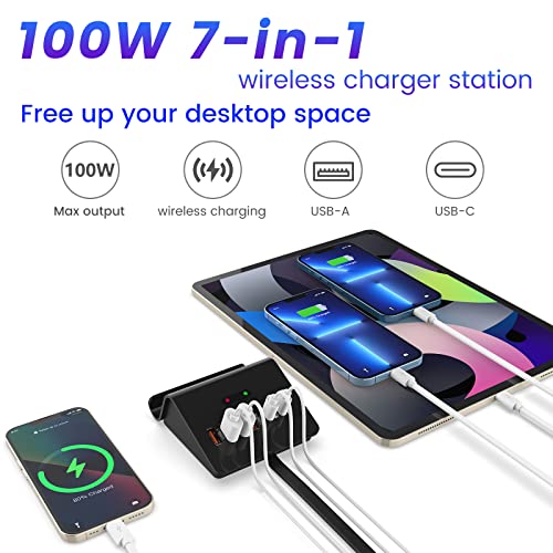 Solopen USB Charging Station,100W 7 Port Multiple Charging Station with 2 USB C PD Port,4 USB A Port,Wireless Charger,USB Charging Hub for Samsung iPad iPhone 13 14