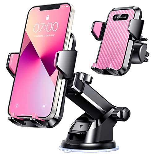 VANMASS Universal Car Phone Mount,【Patent & Safety Certs】 Upgraded Handsfree Dashboard Stand, Phone Holder for Car Windshield Vent, Compatible iPhone 14 13 12 11 Pro Max Xs XR X, Galaxy (Pink)