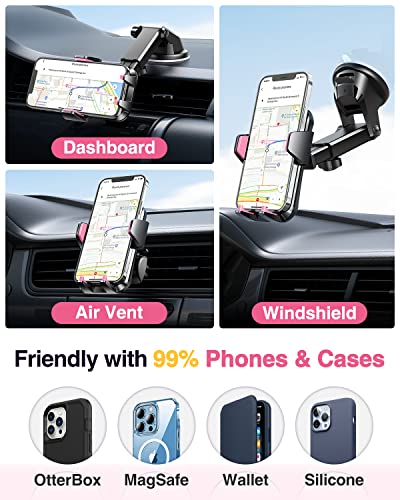 VANMASS Universal Car Phone Mount,【Patent & Safety Certs】 Upgraded Handsfree Dashboard Stand, Phone Holder for Car Windshield Vent, Compatible iPhone 14 13 12 11 Pro Max Xs XR X, Galaxy (Pink)