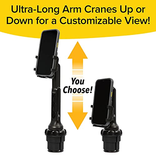 BulbHead Phone Crane Mount for Car, As Seen On TV, Ultra-Long Arm Raises Over a Foot Higher, Drive Safer, 360° Rotation, Vertical & Horizontal Adjustment, Twistable Base Fits Any Cupholder