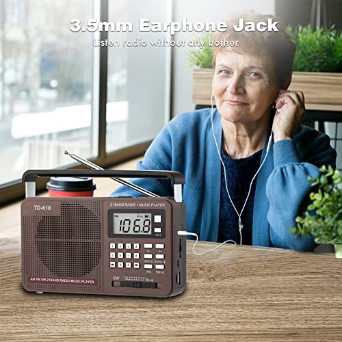 Portable AM FM SW Radio with Best Reception, LCD Display, Support USB Flash Drive and TF Card, AC Charge and Rechargeable Battery Power Transistor Shortwave Radio with Big Speaker and Earphone Jack