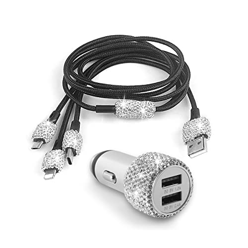 Sparkle Drive with Our Valentine's Day Special: Dual USB Bling Car Charger with Rhinestone Decor, Emergency Hammer & Nylon Braided Cable for iPhone, iPad, Samsung - Fast Charging Decor Gift for Women