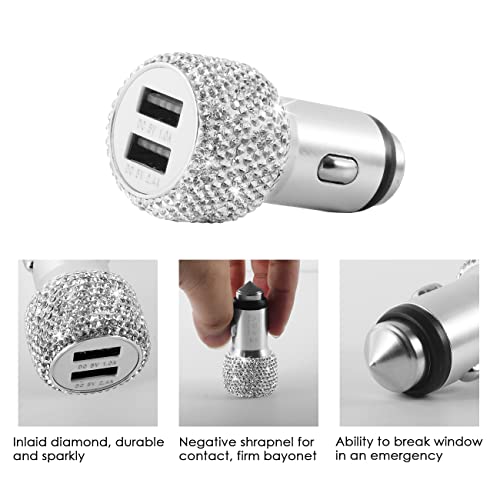 Sparkle Drive with Our Valentine's Day Special: Dual USB Bling Car Charger with Rhinestone Decor, Emergency Hammer & Nylon Braided Cable for iPhone, iPad, Samsung - Fast Charging Decor Gift for Women