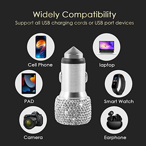 Sparkle Drive with Our Valentine's Day Special: Dual USB Bling Car Charger with Rhinestone Decor, Emergency Hammer & Nylon Braided Cable for iPhone, iPad, Samsung - Fast Charging Decor Gift for Women