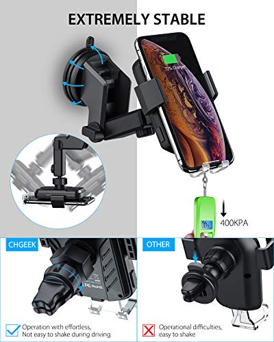 Wireless Car Charger, CHGeek 15W Fast Charging Auto Clamping Car Mount Phone Holder fit for iPhone 14 13 12 11 Pro Max Xs MAX XS XR X 8+, Samsung Galaxy S23 Ultra S22 S21 S20 10+ S9+ Note 9, etc