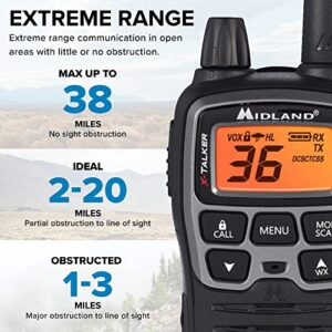 Midland - X-TALKER T77VP5, 36 Channel FRS Two-Way Radio - Up to 38 Mile Range Walkie Talkie, 121 Privacy Codes, and NOAA Weather Scan + Alert (Includes a Carrying Case and Headsets) (Black/Silver)