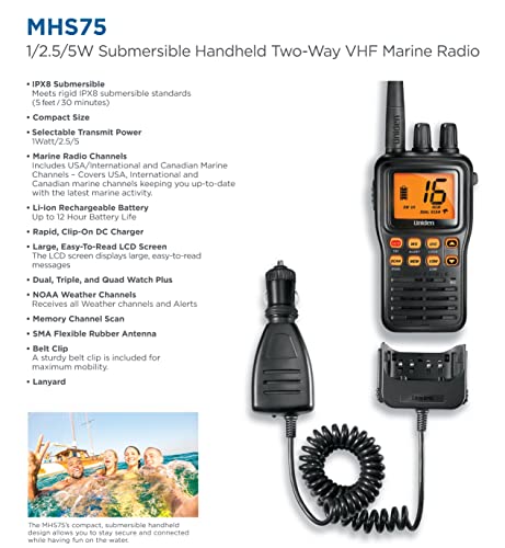 Uniden MHS75 Waterproof Handheld 2-Way VHF Marine radio, Submersible, Selectable 1/2.5/5 Watt Transmit Power. All USA/International and Canadian Marine Channels - Color Black