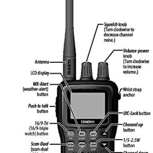 Uniden MHS75 Waterproof Handheld 2-Way VHF Marine radio, Submersible, Selectable 1/2.5/5 Watt Transmit Power. All USA/International and Canadian Marine Channels - Color Black