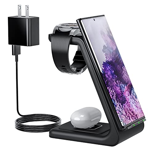 Wireless Charging Station for Samsung, Earteana 3 in 1 Wireless Stand Dock for Samsung S23/S22/S21/S20/Note 20, Galaxy Watch5/4/3/Active/2/Gear S3, Buds+/Live, 18W QC Adapter Included (Black)