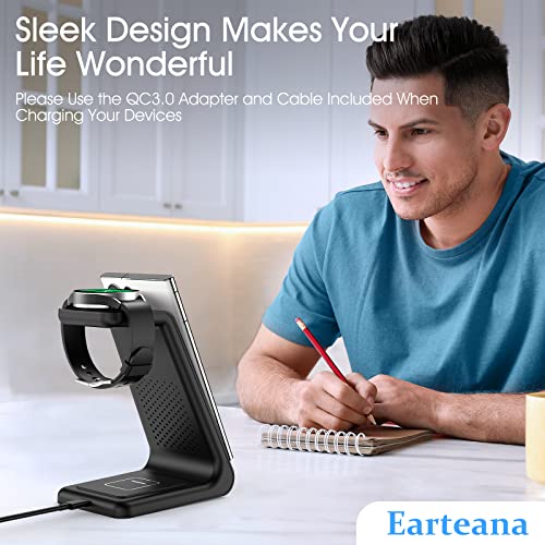 Wireless Charging Station for Samsung, Earteana 3 in 1 Wireless Stand Dock for Samsung S23/S22/S21/S20/Note 20, Galaxy Watch5/4/3/Active/2/Gear S3, Buds+/Live, 18W QC Adapter Included (Black)