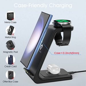 Wireless Charging Station for Samsung, Earteana 3 in 1 Wireless Stand Dock for Samsung S23/S22/S21/S20/Note 20, Galaxy Watch5/4/3/Active/2/Gear S3, Buds+/Live, 18W QC Adapter Included (Black)