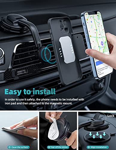 ACEFAST Magnetic Phone Car Mount, Universal Phone Car Holder Low Installation Height Built-in Four N52 Super Strong Magnets Large Sticky Base Suction Cup Dashboard Windshield Flexible Installation