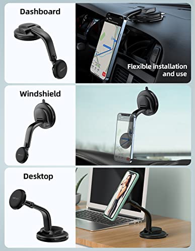 ACEFAST Magnetic Phone Car Mount, Universal Phone Car Holder Low Installation Height Built-in Four N52 Super Strong Magnets Large Sticky Base Suction Cup Dashboard Windshield Flexible Installation