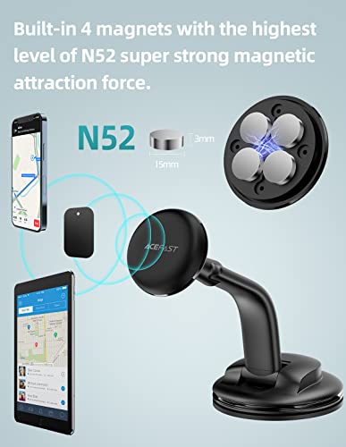 ACEFAST Magnetic Phone Car Mount, Universal Phone Car Holder Low Installation Height Built-in Four N52 Super Strong Magnets Large Sticky Base Suction Cup Dashboard Windshield Flexible Installation